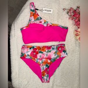 NWT One-Shoulder Hot Pink Floral High-Waist Bikini Size Large
